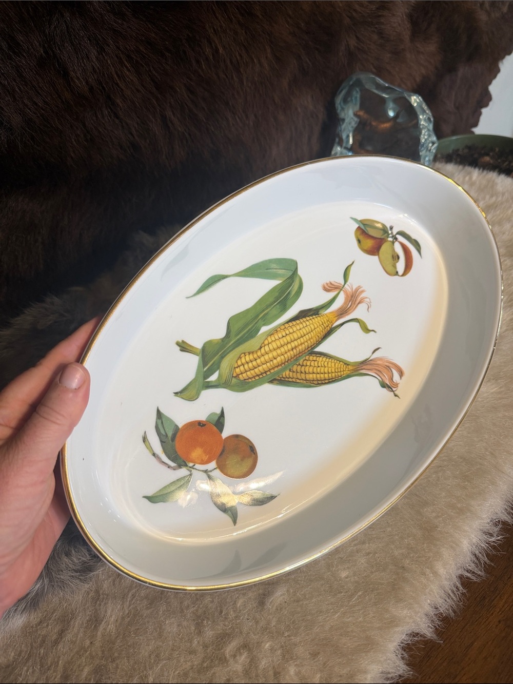 Porcelain Serving Platter with Corn & Fruit Motif - White and Gold Trim